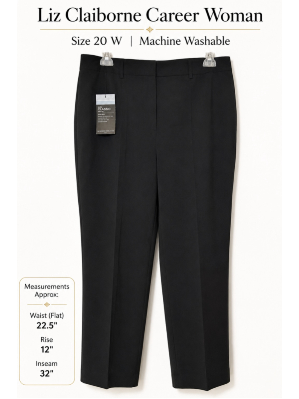 Liz Claiborne Career Woman Audra Classic Slim Leg Pants 20W Black Career Office - Picture 2 of 13